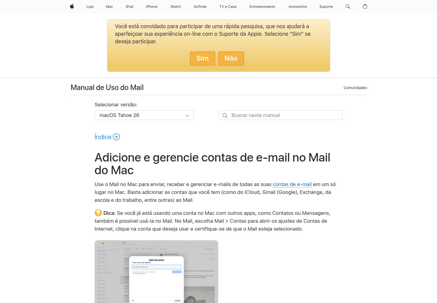 Manual oficial da Apple mostrando a tela de adição de conta no Mail do Mac